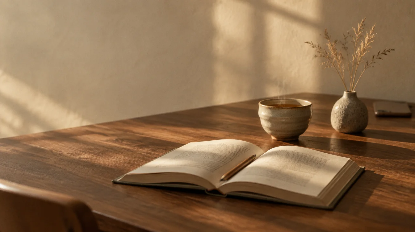 An open book with a pencil on a walnut table in low afternoon light, beside a cup of tea and a small vase of dried grasses.